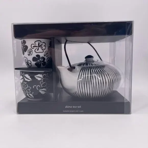 Pier 1 Imports AKINA Tea Pot Four Cup Set Porcelain Black White Pattern NEW - Picture 1 of 10